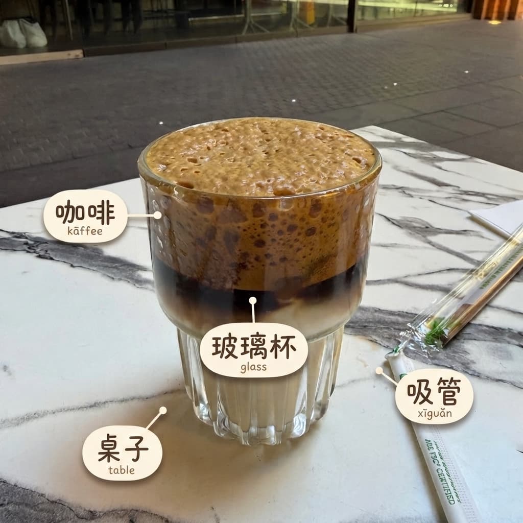 A photo of a coffee annotated with Chinese vocabulary labels in the PopPopAI app